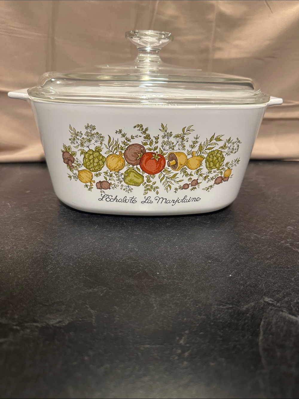 Corningware White Casserole Dish with Fruit & Floral Pattern and Glass Lid